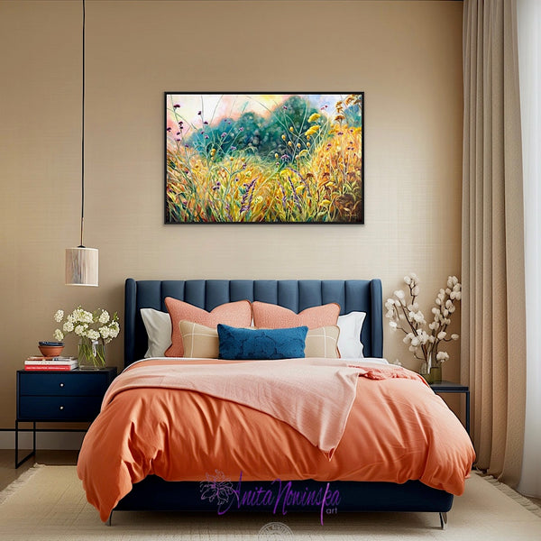 Ris is a big oil on canvas garden painting in gold, yellow, Teal & purple by Anita Nowinska art.