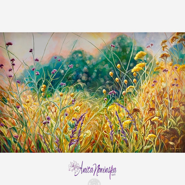Ris is a big oil on canvas garden painting in gold, yellow, Teal & purple by Anita Nowinska art.