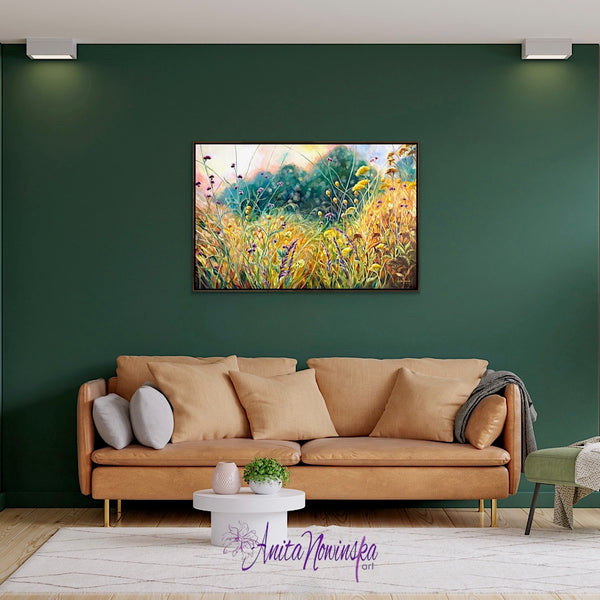 Ris is a big oil on canvas garden painting in gold, yellow, Teal & purple by Anita Nowinska art.