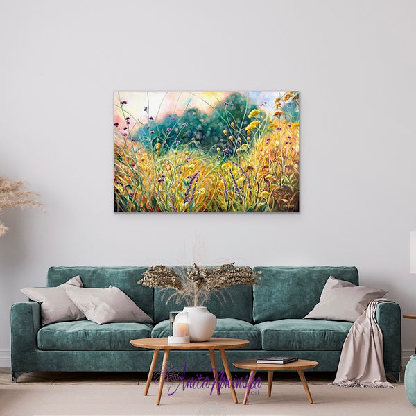 Ris is a big oil on canvas garden painting in gold, yellow, Teal & purple by Anita Nowinska art.