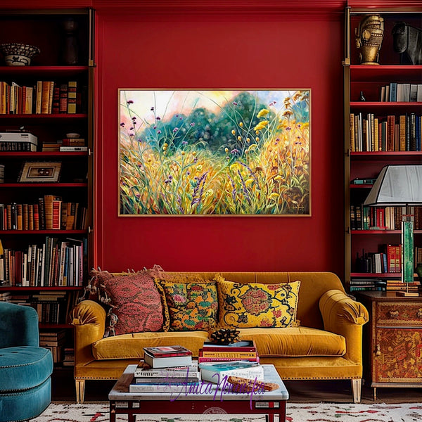 Ris is a big oil on canvas garden painting in gold, yellow, Teal & purple by Anita Nowinska art.