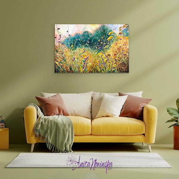 Ris is a big oil on canvas garden painting in gold, yellow, Teal & purple by Anita Nowinska art.