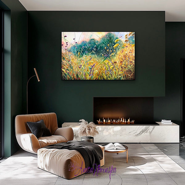 Ris is a big oil on canvas garden painting in gold, yellow, Teal & purple by Anita Nowinska art.