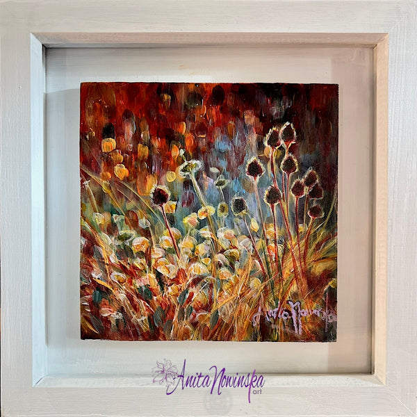 small framed miniature paintings of autumn seedheads in a meadow by Anita Nowinska contemporary art