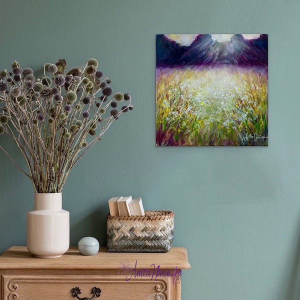 Small oil on canvas meadow painting with grasses wild flowers & dapped sunlight by Anita Nowinska.jpg