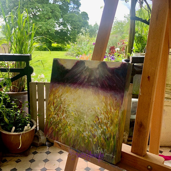 Small oil on canvas meadow painting with grasses wild flowers & dapped sunlight by Anita Nowinska.jpg