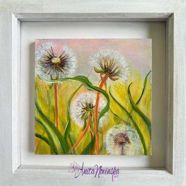 small framed miniature paintings of dandelion clock seedheads in a meadow by Anita Nowinska contemporary art