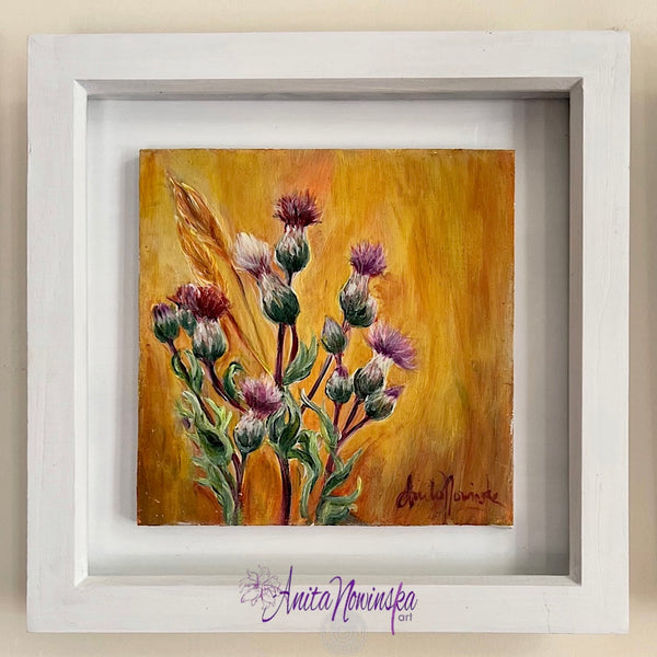 small framed miniature paintings of autumn knappweed seedheads in a meadow by Anita Nowinska contemporary art