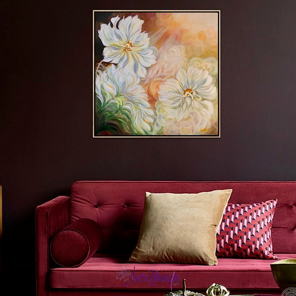 Sun lit white cosmos big flower painting by anita nowinska with dappled sunlight bokeh in bedroom interior decor