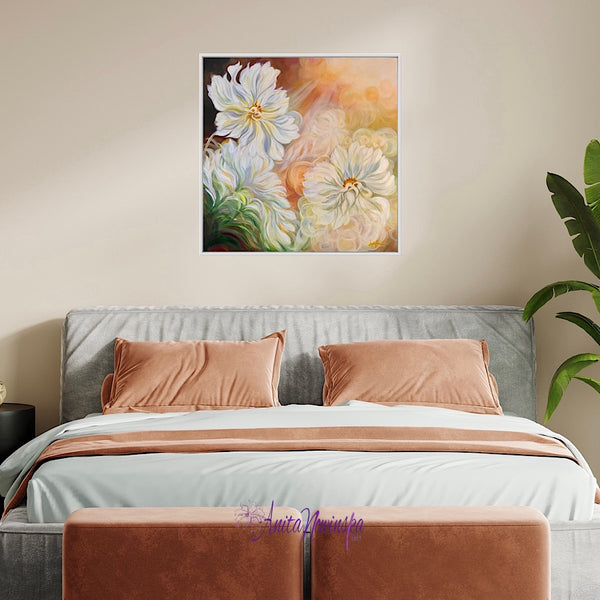 Sun lit white cosmos big flower painting by anita nowinska with dappled sunlight bokeh in bedroom interior decor