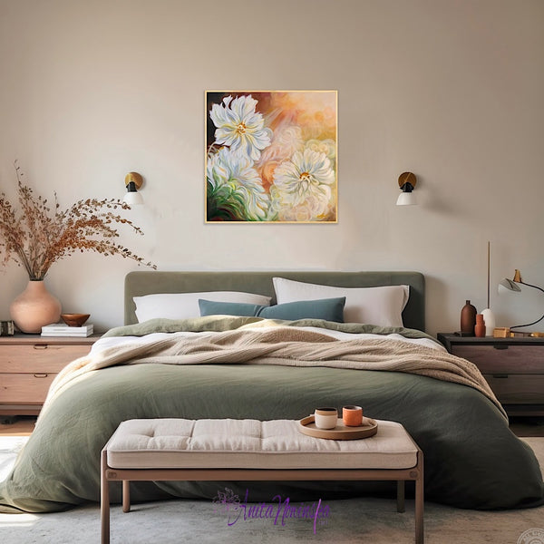 Sun lit white cosmos big flower painting by anita nowinska with dappled sunlight bokeh in bedroom interior decor