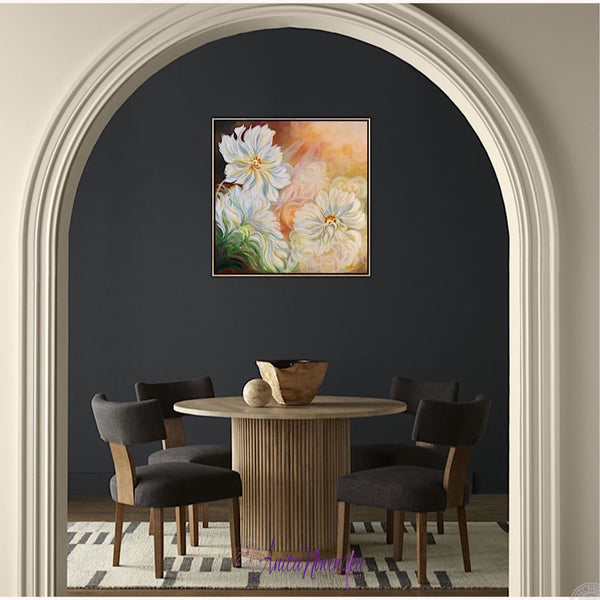 Sun lit white cosmos big flower painting by anita nowinska with dappled sunlight bokeh in dining room interior decor