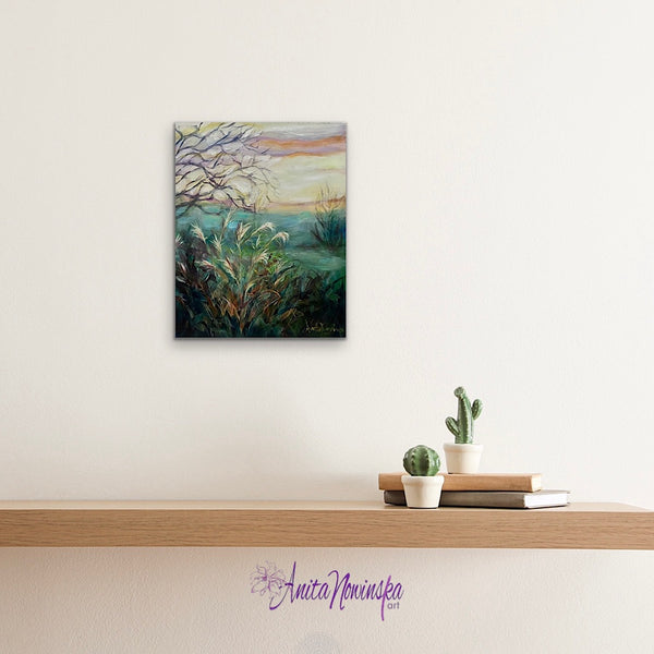 Through the window- small garden landscape painting with grasses by Amita Nowinska