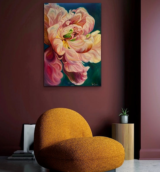 beautiful big flower painting of a le belle epoque tulip in full bloom by anita nowinska with warm gold pink and magenta tones and teal