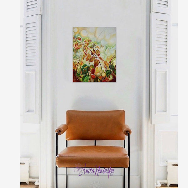 appearances is an original oil painting on panel by anita nowinska of autumnal brable leaves in dappled sunlight bringing warmth to an interiors