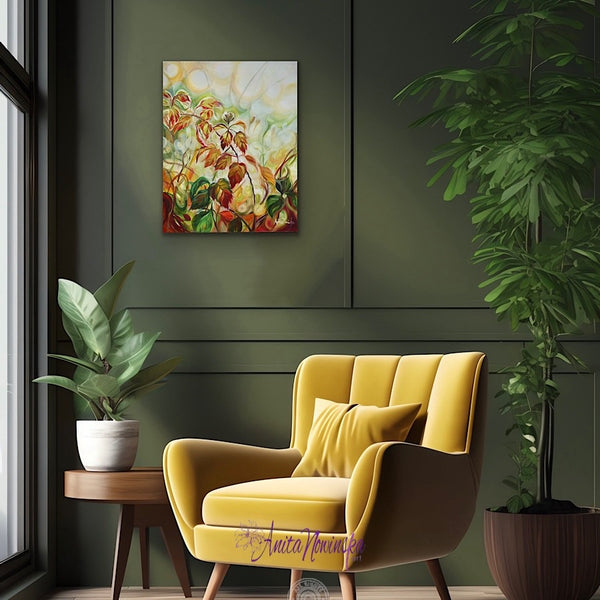 appearances is an original oil painting on panel by anita nowinska of autumnal brable leaves in dappled sunlight bringing warmth to an interiors