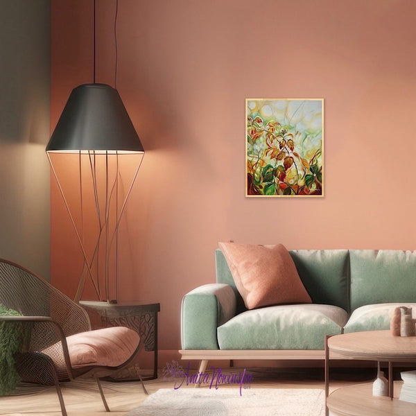 appearances is an original oil painting on panel by anita nowinska of autumnal brable leaves in dappled sunlight bringing warmth to an interiors