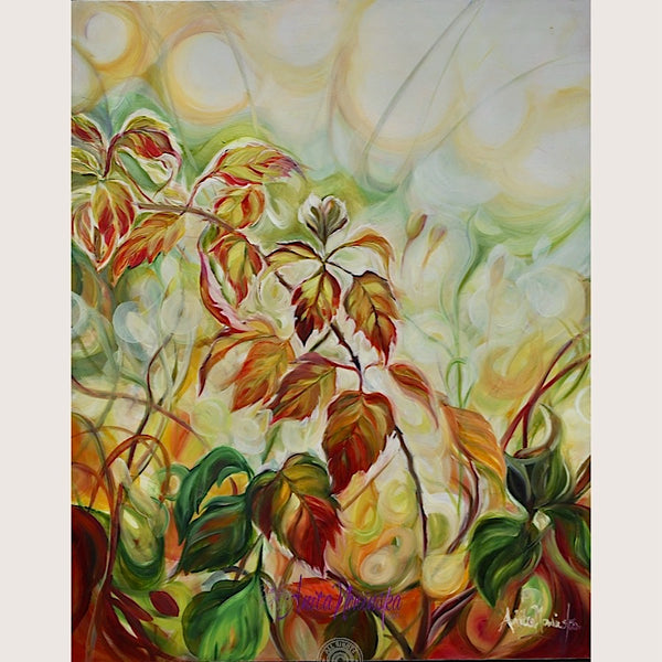 appearances is an original oil painting on panel by anita nowinska of autumnal brable leaves in dappled sunlight bringing warmth to an interiors