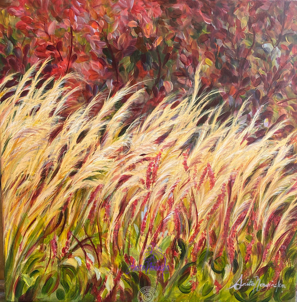 painting of autumn garden border with grasses by anita nowinska
