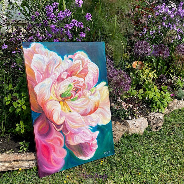 beautiful big flower painting of a le belle epoque tulip in full bloom by anita nowinska with warm gold pink and magenta tones
