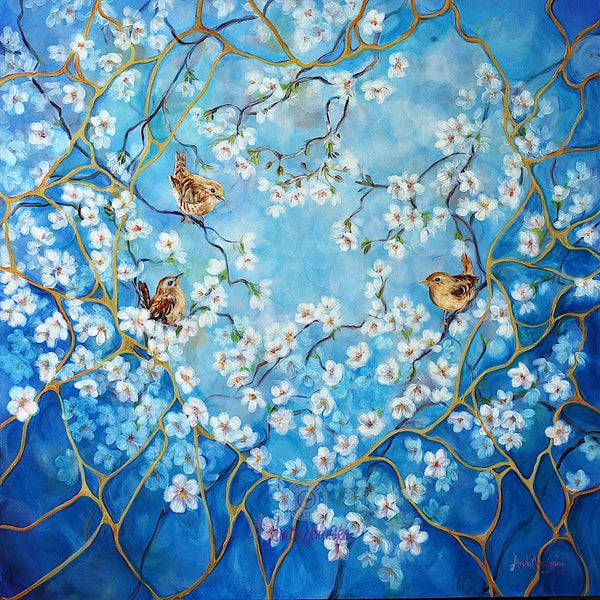 big floral canvas painting of cherry blossom with wrens and kintsugi on a blue sky by anita Nowinska