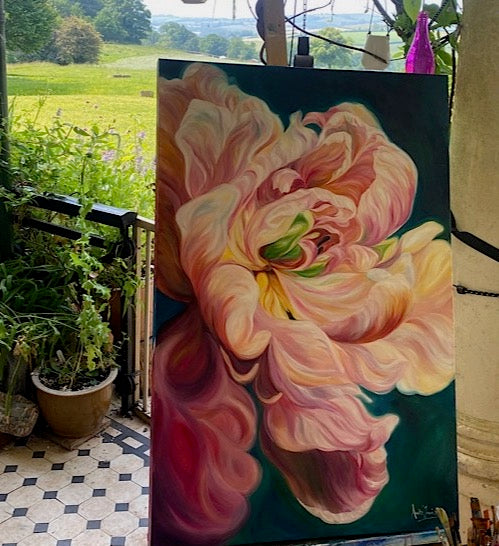 beautiful big flower painting of a le belle epoque tulip in full bloom by anita nowinska with warm gold pink and magenta tones