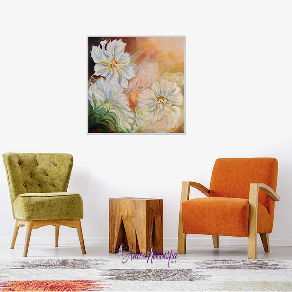 Sun lit white cosmos big flower painting by anita nowinska with dappled sunlight bokeh in living room interior decor