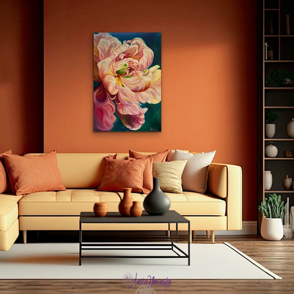 beautiful big flower painting of a le belle epoque tulip in full bloom by anita nowinska with warm gold pink and magenta tones and teal