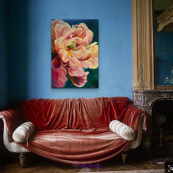 beautiful big flower painting of a le belle epoque tulip in full bloom by anita nowinska with warm gold pink and magenta tones and teal