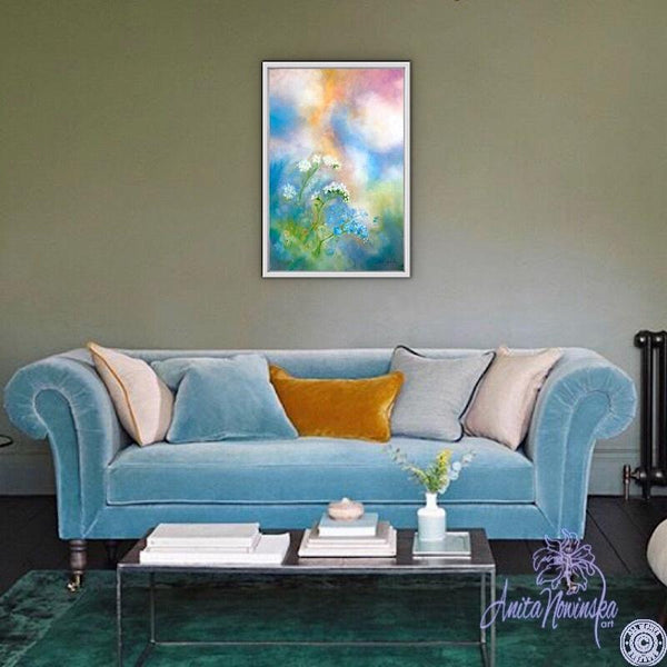 blue, pink & peach flower painting with forget me nots by anita nowinska