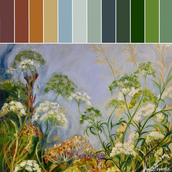 whispers is a small original oil painting of wild flowers cow parsley alexanders and grasses in blue grey white green and gold tones by Anita Nowinska. colour palette