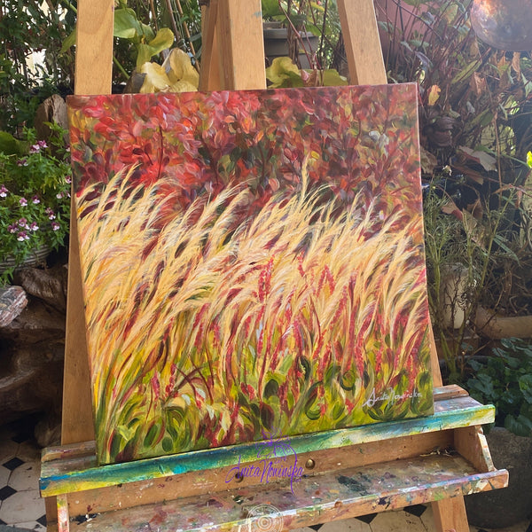painting of autumn garden border with grasses by anita nowinska
