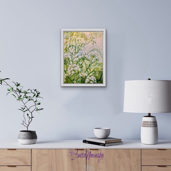 clemency is a small original oil paining of wild cow parsley with white flowers and green leaves of wild meadow flowers by Anita Nowinska