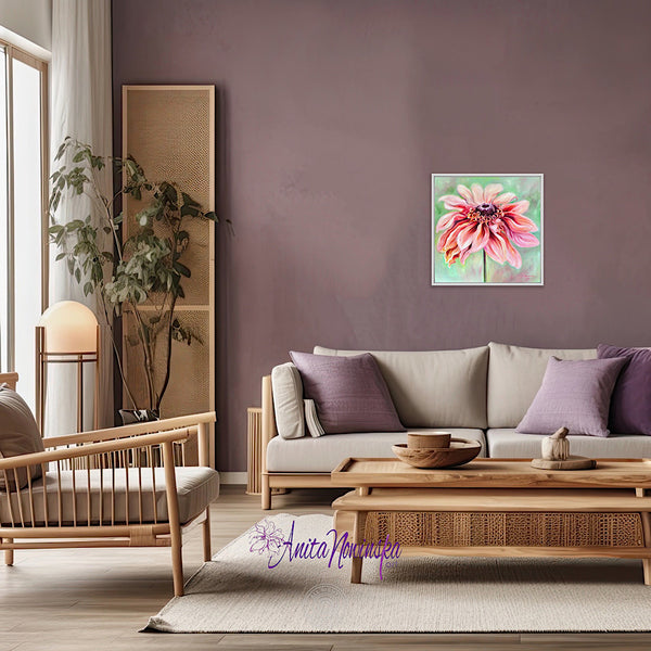 comfort is a 50x50cm 20" oil on panel big flower painting of a peach Rudbeckia on a soft sage green background by anita Nowinska