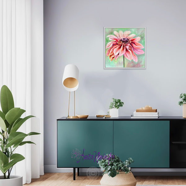 comfort is a 50x50cm 20" oil on panel big flower painting of a peach Rudbeckia on a soft sage green background by anita Nowinska