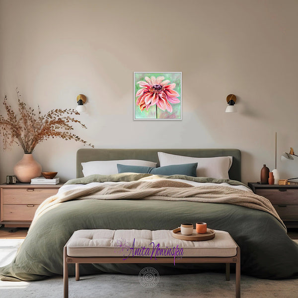 comfort is a 50x50cm 20" oil on panel big flower painting of a peach Rudbeckia on a soft sage green background by anita Nowinska