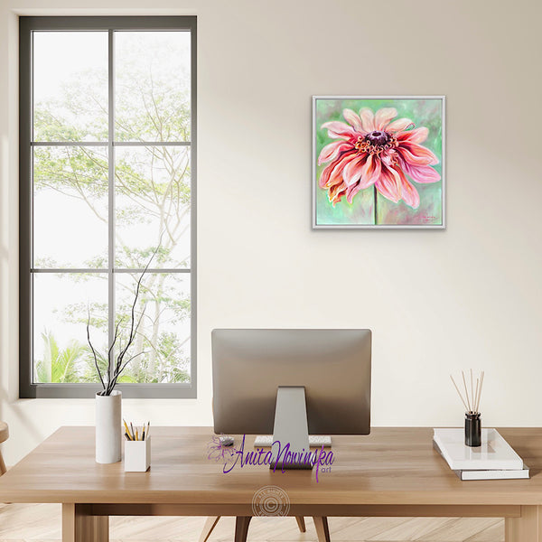 comfort is a 50x50cm 20" oil on panel big flower painting of a peach Rudbeckia on a soft sage green background by anita Nowinska