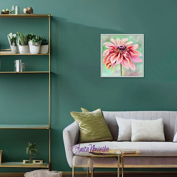 comfort is a 50x50cm 20" oil on panel big flower painting of a peach Rudbeckia on a soft sage green background by anita Nowinska