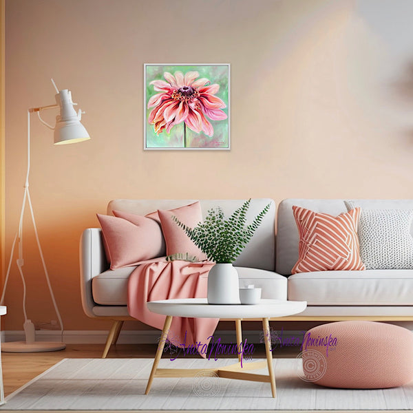 comfort is a 50x50cm 20" oil on panel big flower painting of a peach Rudbeckia on a soft sage green background by anita Nowinska