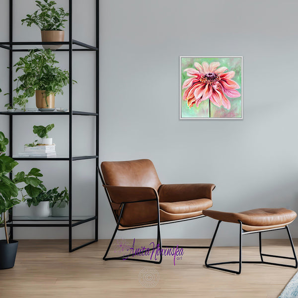 comfort is a 50x50cm 20" oil on panel big flower painting of a peach Rudbeckia on a soft sage green background by anita Nowinska