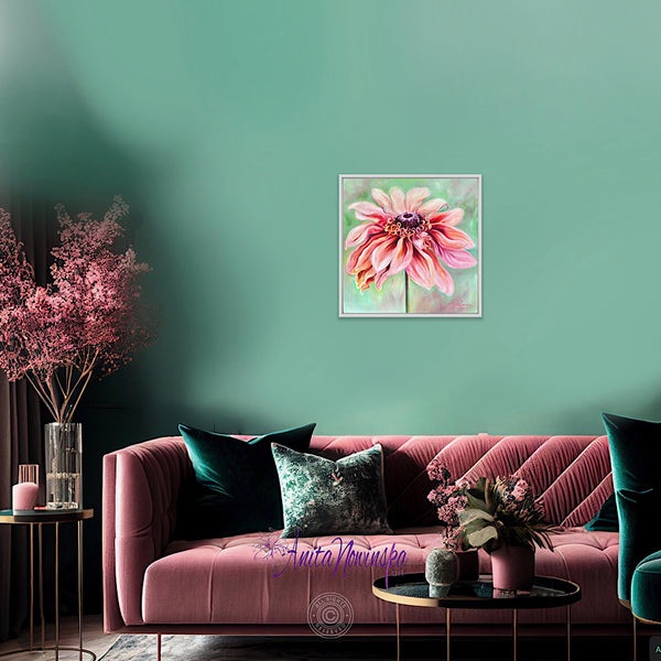 comfort is a 50x50cm 20" oil on panel big flower painting of a peach Rudbeckia on a soft sage green background by anita Nowinska