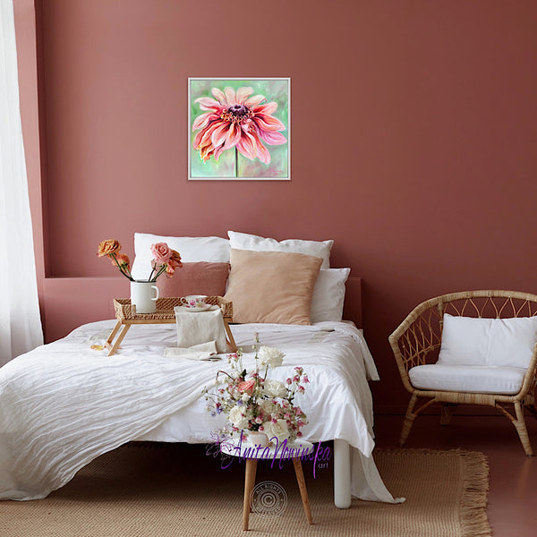 comfort is a 50x50cm 20" oil on panel big flower painting of a peach Rudbeckia on a soft sage green background by anita Nowinska