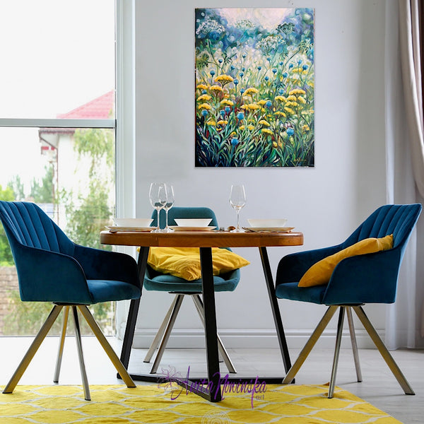 consciousness blue and yellow garden painting with achillea, cow parsley and poppy seed-heads oil on canvas by Anita Nowinska