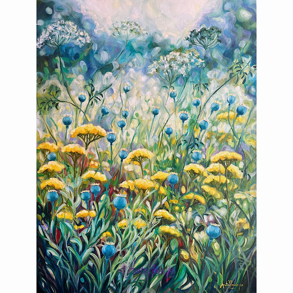 consciousness blue and yellow garden painting with achillea, cow parsley and poppy seed-heads oil on canvas by Anita Nowinska