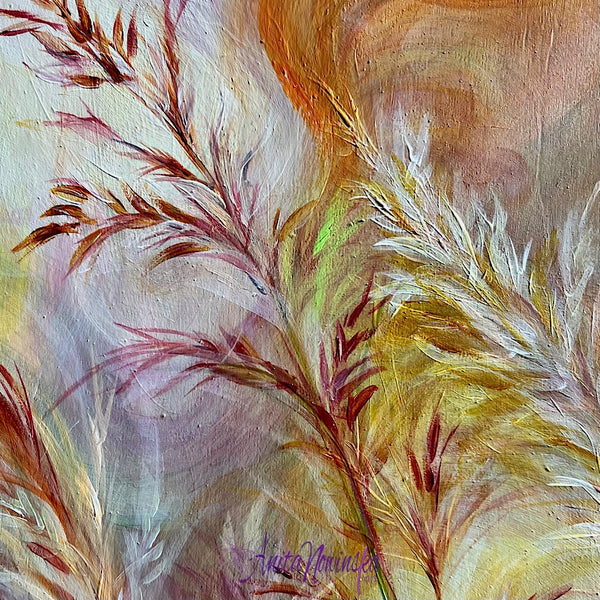 Abstract meadow painting of swaying grasses in warm tones * sun dapples by anita nowinska