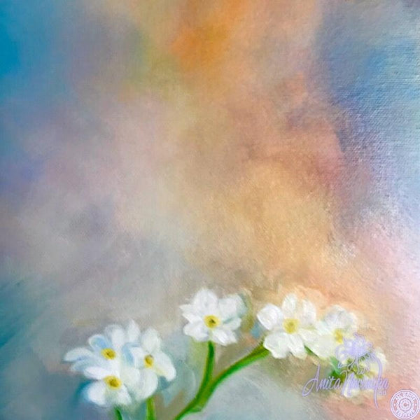blue, pink & peach flower painting with forget me nots by anita nowinska
