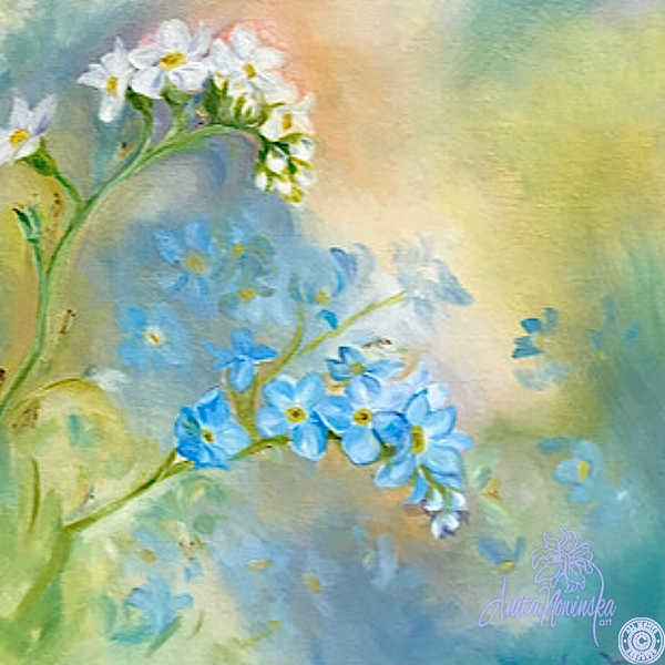 blue, pink & peach flower painting with forget me nots by anita nowinska