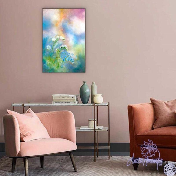 blue, pink & peach flower painting with forget me nots by anita nowinska
