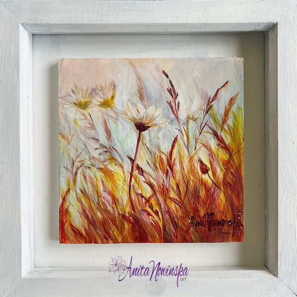 small framed miniature paintings of daisies in a golden  meadow by Anita Nowinska contemporary art