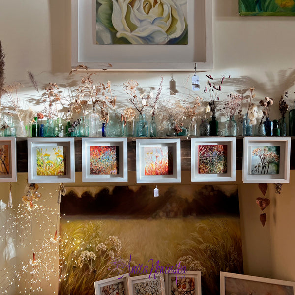 small framed miniature paintings ofmeadows gardens  seedheads and meadows by Anita Nowinska contemporary art